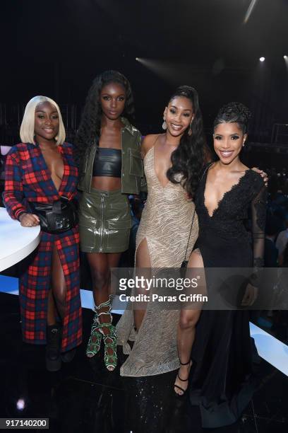 Sandra Lambeck, Leomie Anderson, Jasmine Luv and Jasmin Brown attend BET's Social Awards 2018 at Tyler Perry Studio on February 11, 2018 in Atlanta,...
