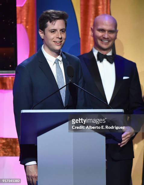 Writers Allen Clary and Andrew Rothschild accept the Short Form New Media Adapted award for 'Starboy' onstage during the 2018 Writers Guild Awards...