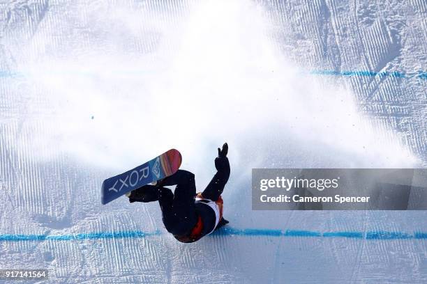 Aimee Fuller of Great Britain crashes in the Snowboard Ladies' Slopestyle Final on day three of the PyeongChang 2018 Winter Olympic Games at Phoenix...