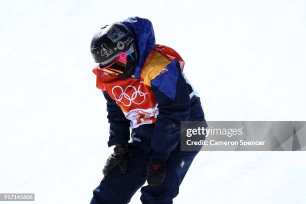 Aimee Fuller of Great Britain reacts after crashing in the Snowboard Ladies' Slopestyle Final on day three of the PyeongChang 2018 Winter Olympic...