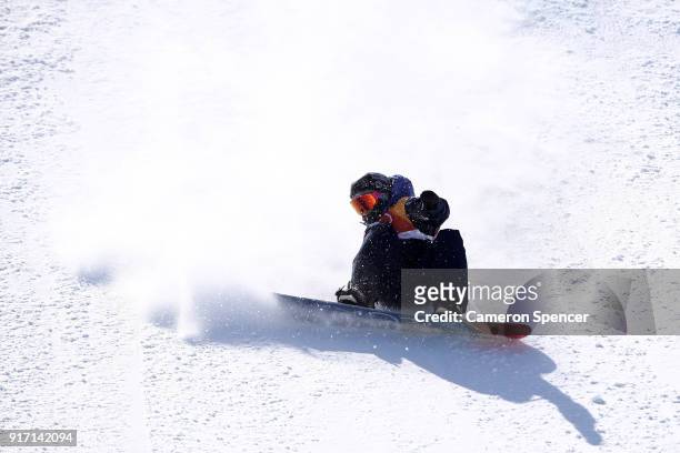 Aimee Fuller of Great Britain crashes in the Snowboard Ladies' Slopestyle Final on day three of the PyeongChang 2018 Winter Olympic Games at Phoenix...
