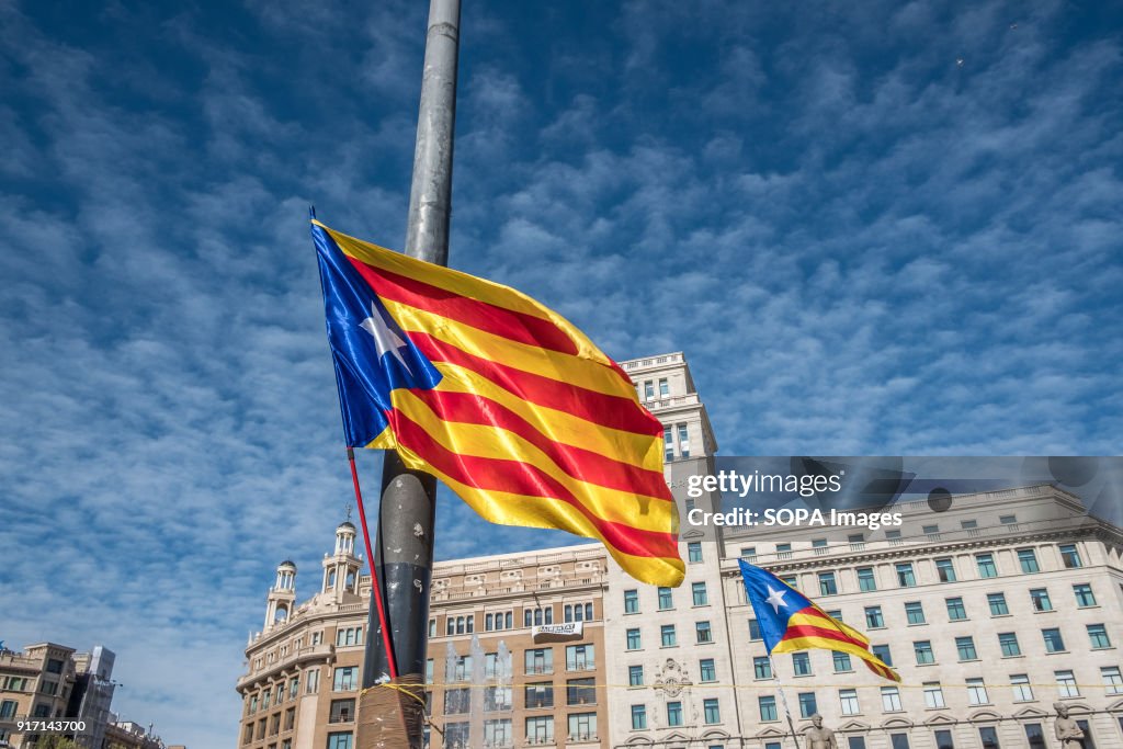 Two Catalan pro-independence flag seen flying at the Plaza...