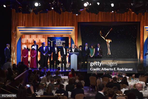 Writer-producer David Mandel and the writers of 'Veep' accept the Comedy Series award onstage during the 2018 Writers Guild Awards L.A. Ceremony at...