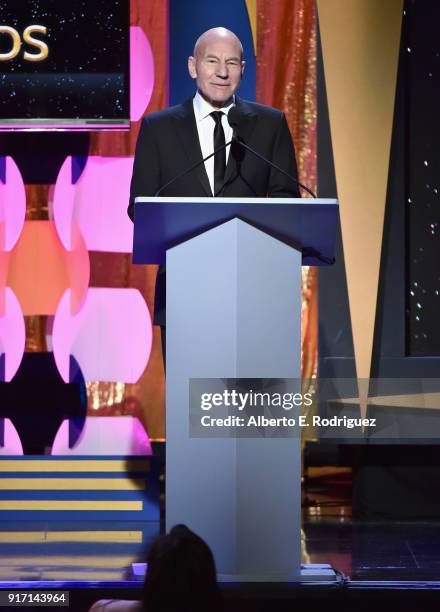 Patrick Stewart speaks onstage during the 2018 Writers Guild Awards L.A. Ceremony at The Beverly Hilton Hotel on February 11, 2018 in Beverly Hills,...