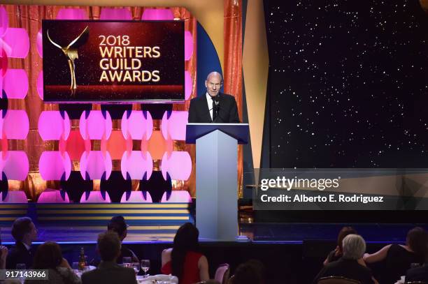 Patrick Stewart speaks onstage during the 2018 Writers Guild Awards L.A. Ceremony at The Beverly Hilton Hotel on February 11, 2018 in Beverly Hills,...