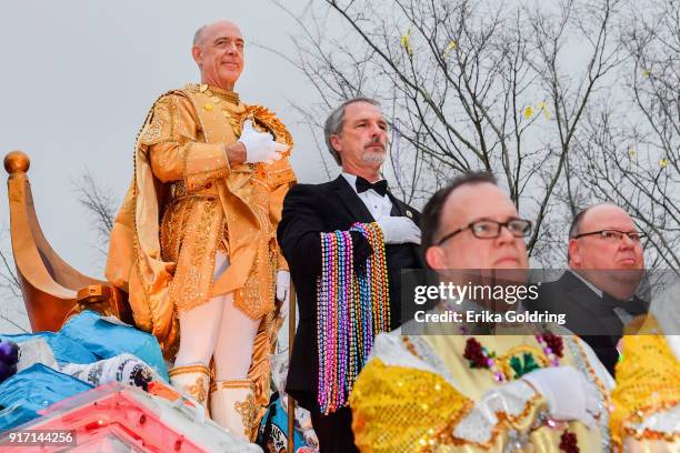 Actor J.K. Simmons reigns as King Bacchus XLX during the Krewe of Bacchus parade on February 11, 2018 in New Orleans, Louisiana.