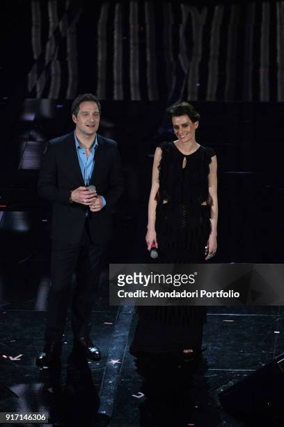 Actrors Claudia Pandolfi and Claudio Santamaria on the Ariston stage during the 68th Festival di Sanremo. "nSanremo, February 8th 2018