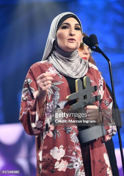 Linda Sarsour speaks on stage during the BET's Social Awards 2018 at Tyler Perry Studio on February 11, 2018 in Atlanta, Georgia.