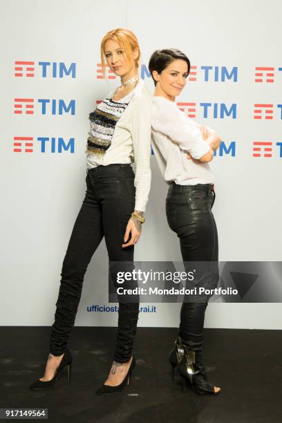 Italian radio and tv hosts Andrea Delogu and Ema Stokholma at Festival di Sanremo press room. Sanremo, February 6th 2018