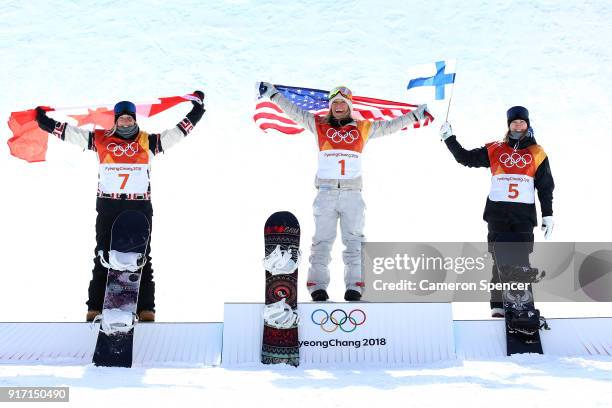 Silver medalist Laurie Blouin of Canada, gold medalist Jamie Anderson of the United States and bronze medalist Enni Rukajarvi of Finland pose during...