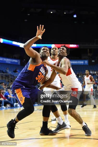Lavoy Allen of the Northern Arizona Suns and Tyler Roberson of the Agua Caliente Clippers of Ontario react to a play during the game on February 11,...
