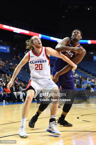 Lavoy Allen of the Northern Arizona Suns and Keith Steffeck of the Agua Caliente Clippers of Ontario react to a play during the game on February 11,...