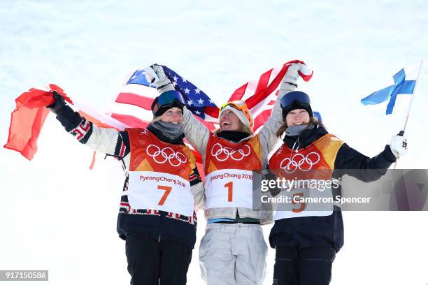 Silver medalist Laurie Blouin of Canada, gold medalist Jamie Anderson of the United States and bronze medalist Enni Rukajarvi of Finland pose during...