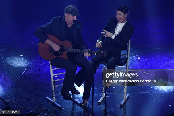 Italian singer Giorgia performs with US singer James Taylor on the Ariston stage during the 68th Festival di Sanremo. Sanremo, February 8th 2018