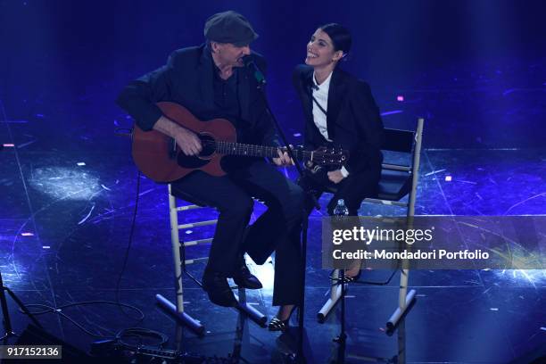 Italian singer Giorgia performs with US singer James Taylor on the Ariston stage during the 68th Festival di Sanremo. Sanremo, February 8th 2018