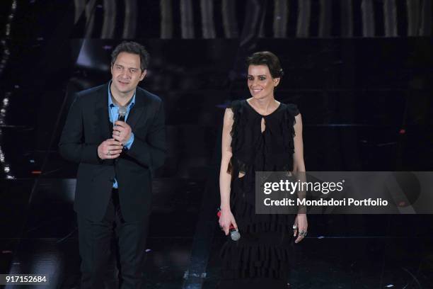 Actors Claudia Pandolfi and Claudio Santamaria on the Ariston stage during the 68th Festival di Sanremo. "nSanremo, February 8th 2018