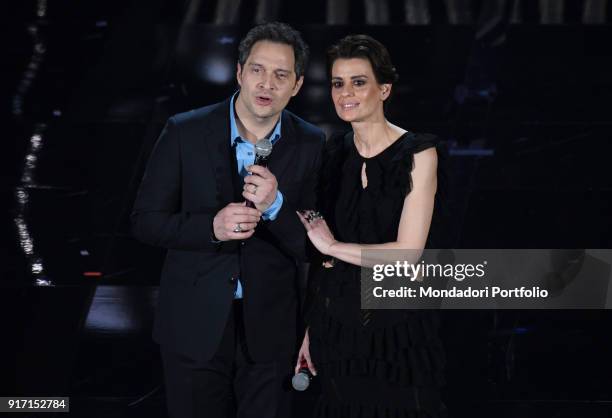 Actrors Claudia Pandolfi and Claudio Santamaria on the Ariston stage during the 68th Festival di Sanremo. "nSanremo, February 8th 2018