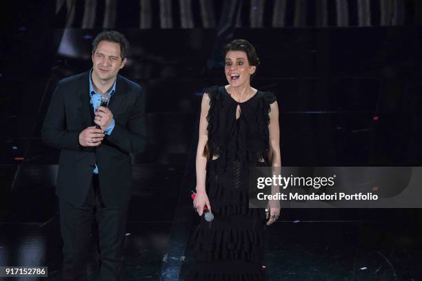 Actrors Claudia Pandolfi and Claudio Santamaria on the Ariston stage during the 68th Festival di Sanremo. "nSanremo, February 8th 2018