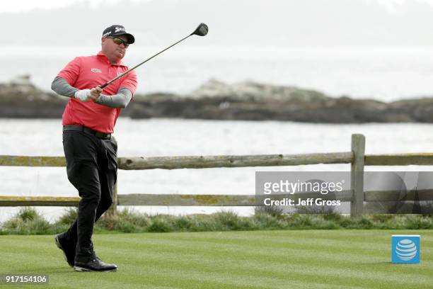 Ted Potter Jr. Plays his shot from the 18th tee during the Final Round of the AT&T Pebble Beach Pro-Am at Pebble Beach Golf Links on February 11,...