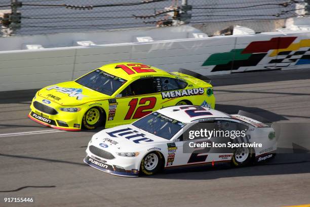 Teammates Ryan Blaney Penske Racing Menards/Peak Ford Fusion and Brad Keselowski Penske Racing Discount Tire Ford Fusion during the Advance Auto...