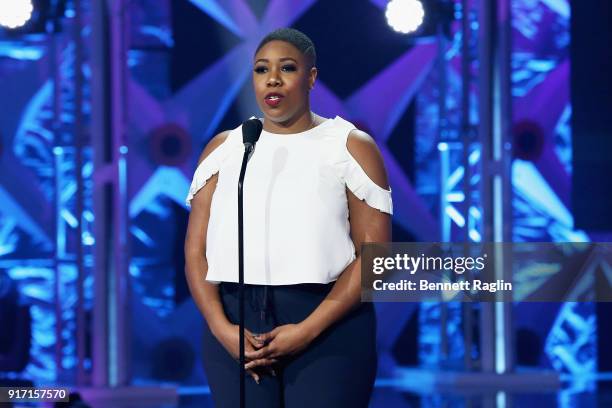 Symone Sanders speaks onstage at BET's Social Awards 2018 at Tyler Perry Studio on February 11, 2018 in Atlanta, Georgia.