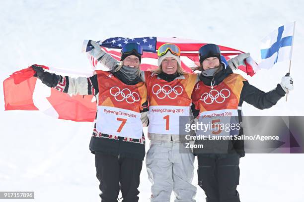 Laurie Blouin of Canada wins the silver medal, Jamie Anderson of USA wins the gold medal, Enni Rukajarvi of Finland wins the bronze medal during the...
