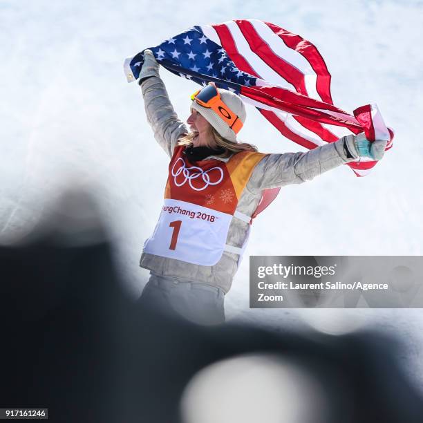 Jamie Anderson of USA takes 1st place during the Snowboarding Women's Slopestyle Finals at Pheonix Snow Park on February 12, 2018 in Pyeongchang-gun,...