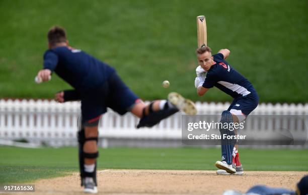 England player Tom Curran hits out from some throw downs from Jason Roy during England Cricket nets at the Basin Reserve ahead of their T20 match...