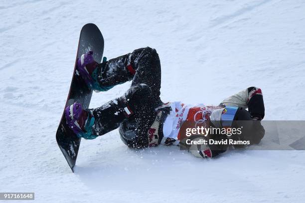Elizabeth Hosking of Canada crashes in the Snowboard Ladies' Halfpipe Qualification on day three of the PyeongChang 2018 Winter Olympic Games at...