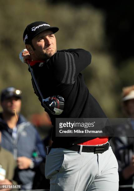 Jon Rahm of Spain plays his shot from the sixth tee during the Final Round of the AT&T Pebble Beach Pro-Am at Pebble Beach Golf Links on February 11,...