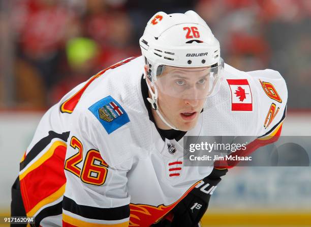 Michael Stone of the Calgary Flames in action against the New Jersey Devils on February 8, 2018 at Prudential Center in Newark, New Jersey. The...