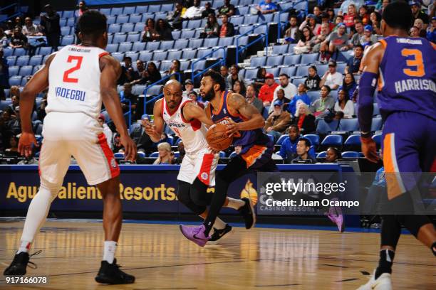 Xavier Silas of the Northern Arizona Suns handles the ball against the Northern Arizona Suns on February 11, 2018 at Citizens Business Bank Arena in...
