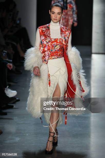 Model walks the runway wearing Prabal Gurung Fall 2018 at Gallery I at Spring Studios on February 11, 2018 in New York City.