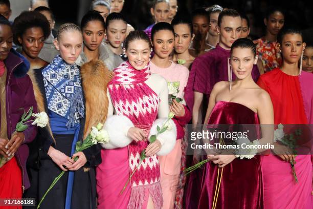 Gigi Hadid, Bella Hadid, and all the models walk the finale wearing Prabal Gurung Fall 2018 at Gallery I at Spring Studios on February 11, 2018 in...