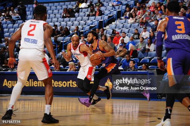 Xavier Silas of the Northern Arizona Suns handles the ball against the Northern Arizona Suns on February 11, 2018 at Citizens Business Bank Arena in...