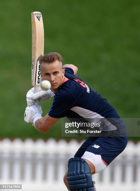 England player Tom Curran hits out during England Cricket nets at the Basin Reserve ahead of their T20 match against New Zealand on February 12, 2018...