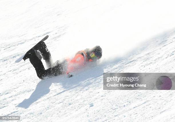 Pyeonchang, Gangwon Cheryl Maas of Nederland lost control because of the weather condition during the Snowboard Ladies' Slopestyle Final on day three...