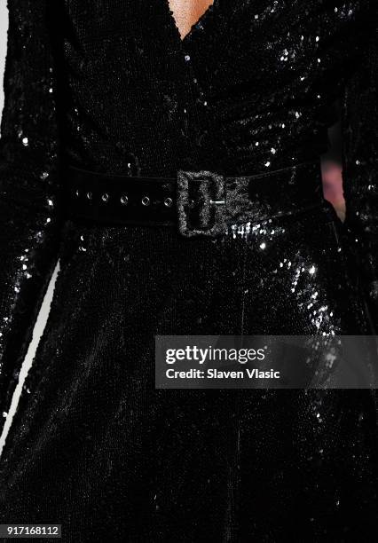 Model, clothing detail, walks the runway at Negris LeBrum fashion show during February 2018 New York Fashion Week on February 11, 2018 in New York...