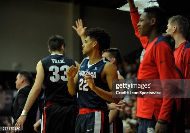 Gonzaga Bulldogs bench celebrates their 78-65 win during the regular season game between the St. Mary's Gaels and the Gonzaga Bulldogs on February...