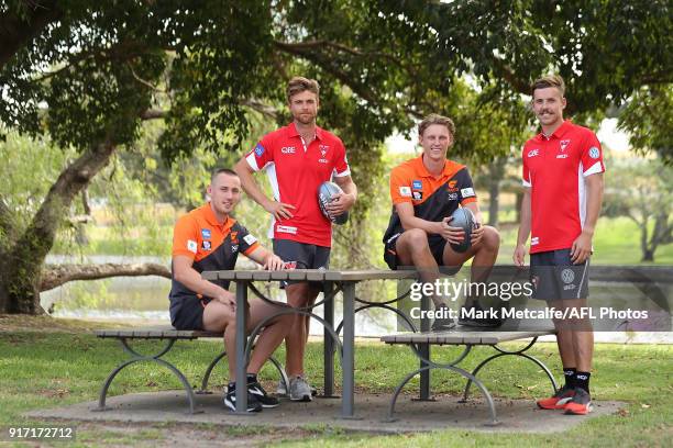 Dane Rampe and Jake Lloyd of the Sydney Swans and Tom Scully and Lachie Whitfield of GWS Giants pose during the Sydney AFLX launch at Allianz Stadium...