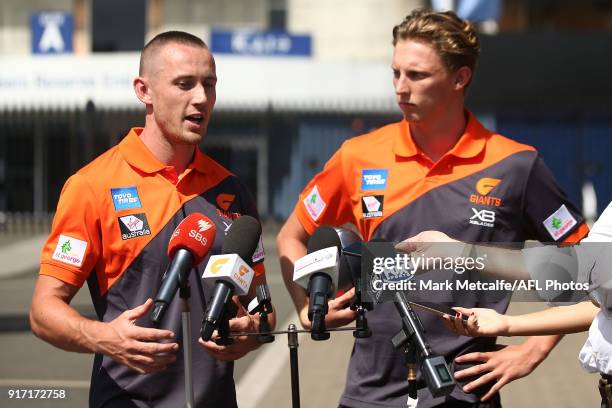 Tom Scully and Lachie Whitfield of GWS Giants talk to media during the Sydney AFLX launch at Allianz Stadium on February 12, 2018 in Sydney,...