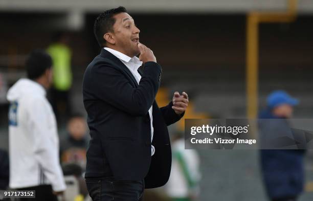 Diego Corredor coach of Patriotas Boyaca gestures during a match between Millonarios and Patriotas Boyaca as part of Liga Aguila I 2018 at Nemesio...