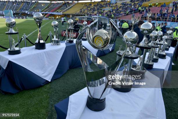 Detail of the official trophies during a match between Millonarios and Patriotas Boyaca as part of Liga Aguila I 2018 at Nemesio Camacho Stadium on...