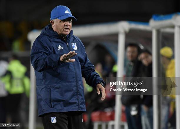 Hugo Gottardi coach assitant of Millonarios gestures during a match between Millonarios and Patriotas Boyaca as part of Liga Aguila I 2018 at Nemesio...