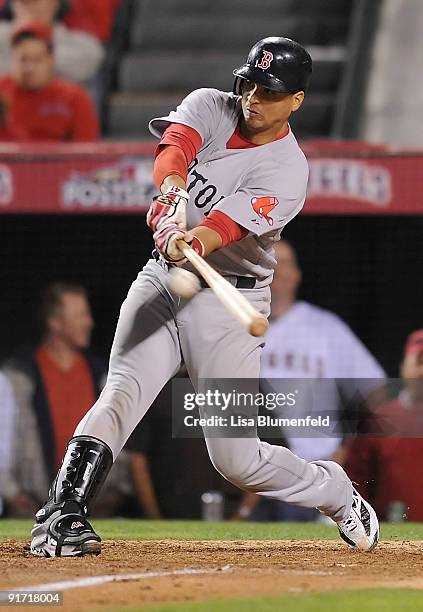 Victor Martinez of the Boston Red Sox at bat against the Los Angeles Angels of Anaheim in Game Two of the ALDS during the 2009 MLB Playoffs at Angel...