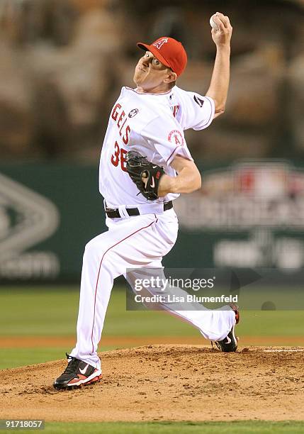 Starting pitcher Jered Weaver of the Los Angeles Angels of Anaheim delivers a pitch against the Boston Red Soxduring Game Two of the ALDS during the...