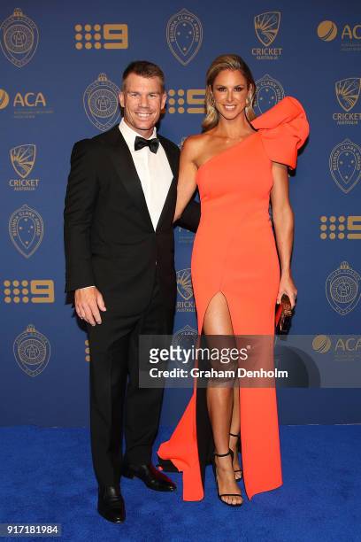 David Warner and Candice Warner arrive at the 2018 Allan Border Medal at Crown Palladium on February 12, 2018 in Melbourne, Australia.
