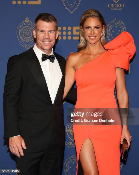 David Warner and Candice Warner arrive at the 2018 Allan Border Medal at Crown Palladium on February 12, 2018 in Melbourne, Australia.