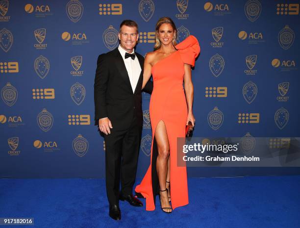 David Warner and Candice Warner arrive at the 2018 Allan Border Medal at Crown Palladium on February 12, 2018 in Melbourne, Australia.