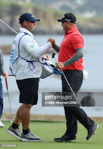 Ted Potter Jr of the USA celebrates winning the AT&T Pebble Beach Pro-Am the Pebble Beach Golf Links on February 11, 2018 in Pebble Beach, California.